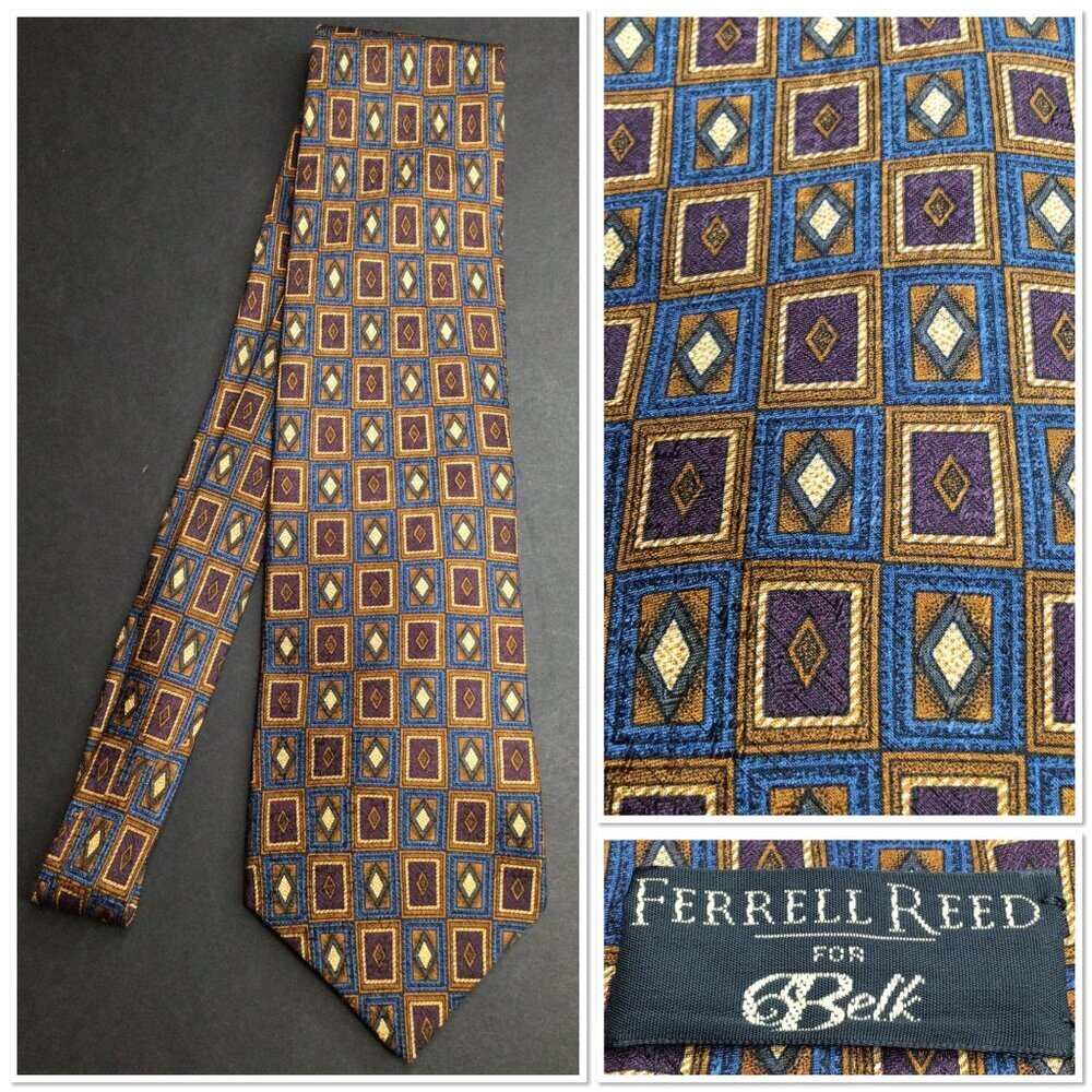 Vintage Ferrell Reed Belk Men's Square Geometric Silk Necktie Tie Classic